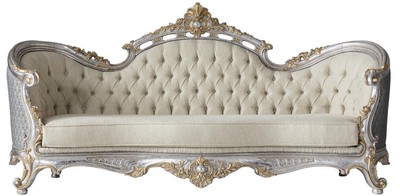 Casa Padrino luxury baroque living room sofa with decorative pillows cream / blue / silver / gold 250 x 95 x H. 125 cm - Noble & Magnificent