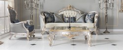 Casa Padrino luxury baroque living room sofa with decorative pillows cream / blue / silver / gold 250 x 95 x H. 125 cm - Noble & Magnificent