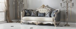 Casa Padrino luxury baroque living room sofa with decorative pillows cream / blue / silver / gold 250 x 95 x H. 125 cm - Noble & Magnificent