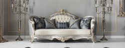 Casa Padrino luxury baroque living room sofa with decorative pillows cream / blue / silver / gold 250 x 95 x H. 125 cm - Noble & Magnificent