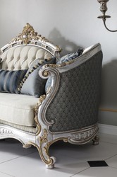 Casa Padrino luxury baroque living room sofa with decorative pillows cream / blue / silver / gold 250 x 95 x H. 125 cm - Noble & Magnificent