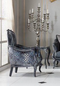 Casa Padrino Luxus Barock Wohnzimmer Sessel Grau / Blau / Grau 80 x 80 x H. 116 cm - Edler Massivholz Sessel mit Streifen - Barockstil Wohnzimmer Möbel