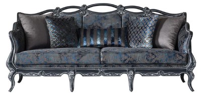 Casa Padrino Luxus Barock Sofa Grau / Blau / Grau 224 x 103 x H. 110 cm - Edles Wohnzimmer Sofa mit elegantem Muster und dekorativen Kissen - Barockstil Wohnzimmer Möbel