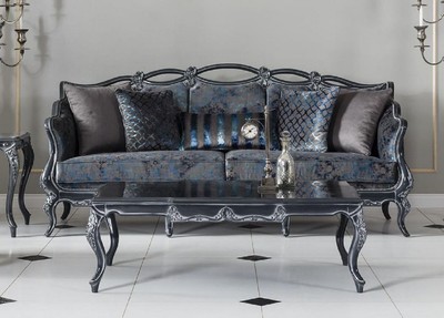Casa Padrino Luxus Barock Sofa Grau / Blau / Grau 224 x 103 x H. 110 cm - Edles Wohnzimmer Sofa mit elegantem Muster und dekorativen Kissen - Barockstil Wohnzimmer Möbel