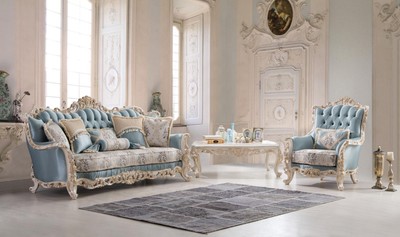 Casa Padrino Luxus Barock Wohnzimmer Sofa mit dekorativen Kissen Hellblau / Creme / Weiß / Gold 240 x 90 x H. 120 cm - Edle Barock Wohnzimmer Möbel
