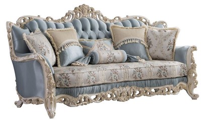 Casa Padrino Luxus Barock Wohnzimmer Sofa mit dekorativen Kissen Hellblau / Creme / Weiß / Gold 240 x 90 x H. 120 cm - Edle Barock Wohnzimmer Möbel
