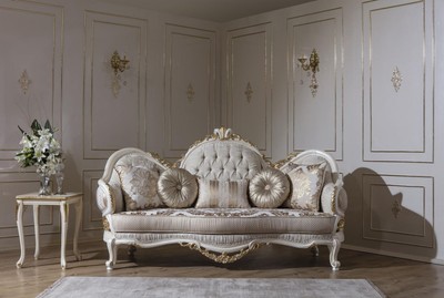 Casa Padrino Luxus Barock Sofa Grau / Weiß / Gold 220 x 80 x H. 124 cm - Prunkvolles Wohnzimmer Sofa mit dekorativen Kissen - Barock Möbel 