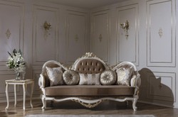 Casa Padrino luxury baroque sofa brown / white / gold 220 x 80 x H. 124 cm - Magnificent living room sofa with decorative pillows - Baroque Furniture