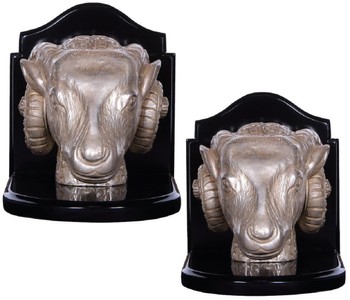 Casa Padrino Luxus Buchstützen Set Widderköpfe Silber / Schwarz 21 x 19 x H. 18 cm - Schreibtisch Deko - Wohnzimmer Deko - Deko Accessoires