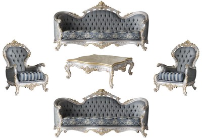 Casa Padrino luxury baroque living room set gray / blue / silver / gold - 2 Sofas & 2 Armchairs & 1 Coffee Table - Magnificent living room furniture in baroque style