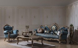 Casa Padrino divano barocco di lusso blu / oro 260 x 90 x A. 125 cm - Magnifico divano da soggiorno con motivo elegante e cuscini decorativi - Mobili Barocchi