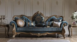 Casa Padrino divano barocco di lusso blu / oro 260 x 90 x A. 125 cm - Magnifico divano da soggiorno con motivo elegante e cuscini decorativi - Mobili Barocchi