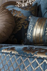 Casa Padrino divano barocco di lusso blu / oro 260 x 90 x A. 125 cm - Magnifico divano da soggiorno con motivo elegante e cuscini decorativi - Mobili Barocchi