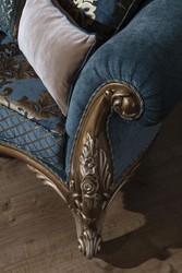 Casa Padrino divano barocco di lusso blu / oro 260 x 90 x A. 125 cm - Magnifico divano da soggiorno con motivo elegante e cuscini decorativi - Mobili Barocchi