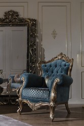Casa Padrino fauteuil baroque de luxe bleu / or 97 x 90 x H. 115 cm - Fauteuil de salon avec motif élégant et coussin décoratif - Mobilier de salon baroque
