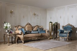 Casa Padrino fauteuil baroque de luxe bleu / or 97 x 90 x H. 115 cm - Fauteuil de salon avec motif élégant et coussin décoratif - Mobilier de salon baroque
