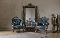 Casa Padrino fauteuil baroque de luxe bleu / or 97 x 90 x H. 115 cm - Fauteuil de salon avec motif élégant et coussin décoratif - Mobilier de salon baroque
