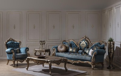 Casa Padrino set da soggiorno barocco di lusso blu / oro - 2 Divani e 2 Poltrone e 1 Tavolo da Salotto - Magnifico mobili da soggiorno in stile barocco