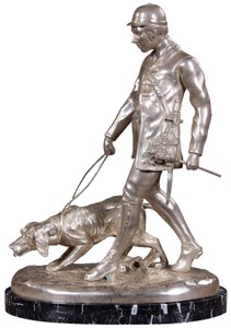 Casa Padrino luxury bronze figure hunter with dog silver / black 45 x 28 x H. 61 cm - Bronze sculpture with marble base - Desk decoration - Living room decoration - Luxury Quality