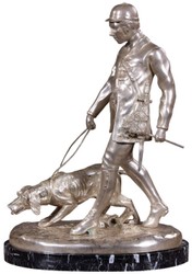 Deko Bronze Jäger mit Hund Skulptur Figur mit Marmorsockel Silber Schwarz Deco Hunter and Dog Bronze Sculpture Figure with Marble Base Silver Black