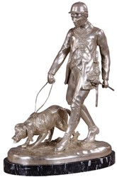 Deko Bronze Jäger mit Hund Skulptur Figur mit Marmorsockel Silber Schwarz Deco Hunter and Dog Bronze Sculpture Figure with Marble Base Silver Black