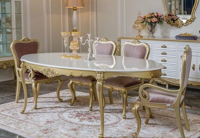 Casa Padrino luxury baroque dining room set pink / white / gold - 1 Oval Dining Table & 6 Dining Chairs - Magnificent dining room furniture in baroque style