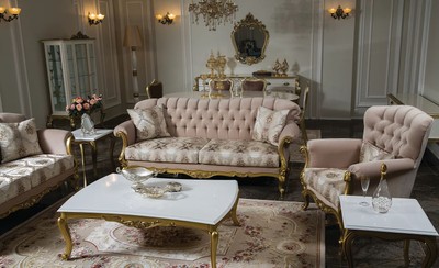 Casa Padrino conjunto de sala de estar barroco de lujo rosa / blanco / oro - 2 Sofás y 2 Sillones y 1 Mesa de Centro y 2 Mesas Auxiliares - Muebles de salón en estilo barroco - Noble y Magnífica