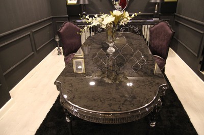 Casa Padrino Luxus Barock Esszimmer Set Lila / Grau / Schwarz / Silber - 1 Esstisch & 6 Esszimmerstühle - Esszimmer Möbel im Barockstil - Edle Barock Möbel