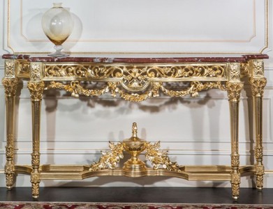 Luxus Barock Konsole mit Marmorplatte Gold Rot Luxury Baroque Console with Marble Top Gold Red