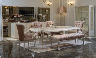Casa Padrino luxury baroque dining room set pink / white / beige - 1 Dining Room Table & 4 Dining Chairs & 1 Bench - Baroque dining room furniture
