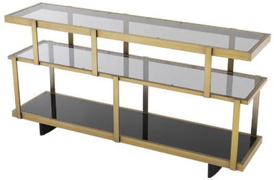 Casa Padrino Luxus Konsole Messingfarben / Schwarz 180 x 46 x H. 91 cm - Edelstahl Schrank mit Glasregalen - Regalschrank - Wohnzimmer Schrank - Büroschrank - Luxus Qualität