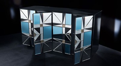 Casa Padrino Luxus Sideboard Schwarz / Blau 140 x 45 x H. 80 cm - Massivholz Schrank mit 4 verspiegelten Türen - Luxus Möbel