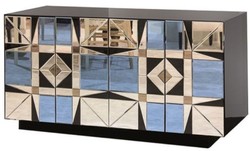 Casa Padrino luxury sideboard black / blue 140 x 45 x H. 80 cm - Solid wood cabinet with 4 mirrored doors - Luxury Furniture