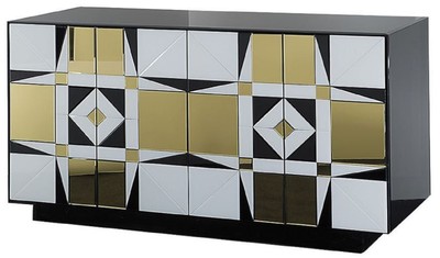 Casa Padrino buffet de luxe noir / blanc / or 140 x 45 x H. 80 cm - Armoire en bois massif avec 4 portes miroir - Mobilier de Luxe