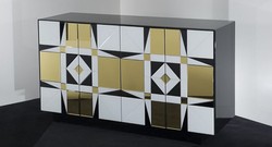 Casa Padrino luxury sideboard black / white / gold 140 x 45 x H. 80 cm - Solid wood cabinet with 4 mirrored doors - Luxury Furniture
