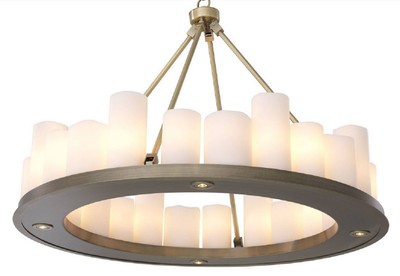 Casa Padrino Luxus LED Kronleuchter Messingfarben / Weiß Ø 90 x H. 65 cm - Moderner runder Kronleuchter mit Fernbedienung - Luxus Qualität