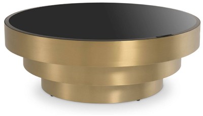 Casa Padrino mesa de centro de lujo latón / negro Ø 100 x A. 36 cm - Mesa de salón moderna redonda de acero inoxidable con tapa de vidrio - Muebles de salón - Muebles de Lujo