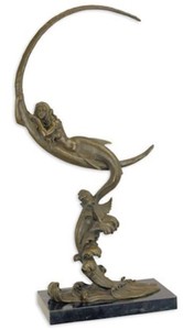 Casa Padrino figura di lusso in bronzo mezza luna e sirena bronzo / nero 32,7 x 14 x A. 65 cm - Elegante scultura in bronzo con base in marmo - Accessori Decorativi