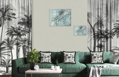 Bedrucktes Luxus Designer Vorhänge Gardinen Set Palmen Grau Schwarz Printed Luxury Designer Curtains Curtain Set Palm Trees Gray Black