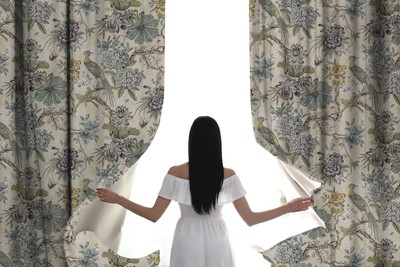 Bedrucktes Luxus Designer Vorhänge Gardinen Set Blumen & Vögel Hellbeige Mehrfarbig Printed Luxury Designer Curtains Curtain Set Flowers & Birds Light Beige Multicolor