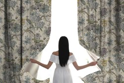 Casa Padrino luxury curtain set flowers & birds light beige / multicolor 250 x H. 290 cm - Printed linen & velvet curtains - Eyelet curtains - Sliding curtains - Living Room Bedroom Curtains