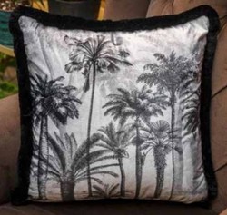 Luxus Designer Deko Kissen mit Fransen Palmen Design Grau Schwarz Luxury Designer Decorative Pillow with Fringes Palm Trees Design Gray Black
