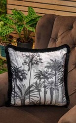 Luxus Designer Deko Kissen mit Fransen Palmen Design Grau Schwarz Luxury Designer Decorative Pillow with Fringes Palm Trees Design Gray Black