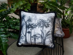 Luxus Designer Deko Kissen mit Fransen Palmen Design Grau Schwarz Luxury Designer Decorative Pillow with Fringes Palm Trees Design Gray Black