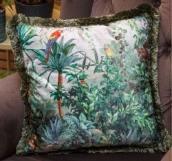 Luxus Designer Deko Kissen mit Fransen Dschungel & Papageien Design Mehrfarbig Grün Luxury Designer Decorative Pillow with Fringes Jungle & Parrots Design Multicolor Green 