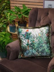 Luxus Designer Deko Kissen mit Fransen Dschungel & Papageien Design Mehrfarbig Grün Luxury Designer Decorative Pillow with Fringes Jungle & Parrots Design Multicolor Green 