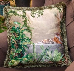 Luxus Designer Deko Kissen mit Fransen Dschungel & Tiger Design Mehrfarbig Grün Luxury Designer Decorative Pillow with Fringes Jungle & Tiger Design Multicolor Green 
