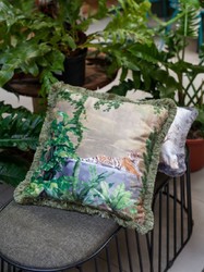 Luxus Designer Deko Kissen mit Fransen Dschungel & Tiger Design Mehrfarbig Grün Luxury Designer Decorative Pillow with Fringes Jungle & Tiger Design Multicolor Green 