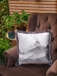 Luxus Designer Deko Kissen mit Fransen Gebirge mit See Design Grau Luxury Designer Decorative Pillow with Fringes Mountains with a Lake Design Gray