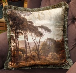 Luxus Designer Deko Kissen mit Fransen Palmen Landschaft Mehrfarbig Grün Luxury Designer Decorative Pillow with Fringes Palm Trees Landscape Multicolor Green